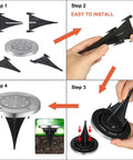 Outdoor Solar Ground Lights 16 Pack No Fuss 8 LED Per Light, assembly steps and installation instructions shown.