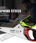 Pro Grade 14 Inch Hardpoint Handsaw With Cushioned Non Slip Grip Truly Razor Sharp Teeth For Slicing Lumber Drywall Pipe And Trim Smooth Swinging Action Jobsite Staple Contractor Favorite Tool seen from above with red and green handles.