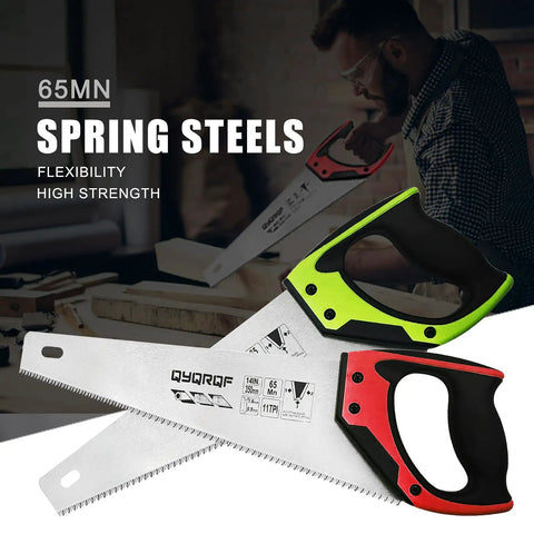 Pro Grade 14 Inch Hardpoint Handsaw With Cushioned Non Slip Grip Truly Razor Sharp Teeth For Slicing Lumber Drywall Pipe And Trim Smooth Swinging Action Jobsite Staple Contractor Favorite Tool seen from above with red and green handles.