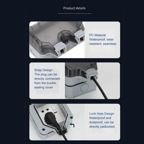 Tough As Nails IP66 Weatherproof Outdoor Electrical Outlet Box featuring dual 15A power sockets, PC material details, and snap design.