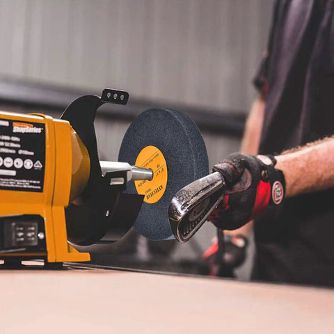 8 Inch Nylon Fiber Polishing Wheels Set Heavy Duty Deburring Tools For Metal Finishing attached to a bench grinder in use.