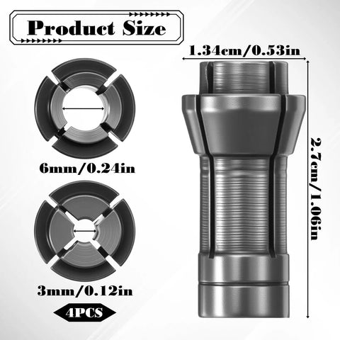 4 Piece 1/4 To 1/8 Inch Die Grinder Collet Adapter Set, 3mm and 6mm collets, iron build, silver finish, dimensions shown
