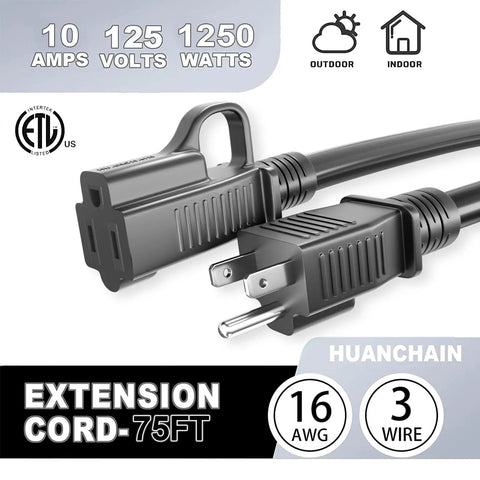 Close-up of 75 Ft Outdoor Extension Cord Black 16/3 Gauge SJTW Heavy Duty Power Cable showing plug and socket detail.