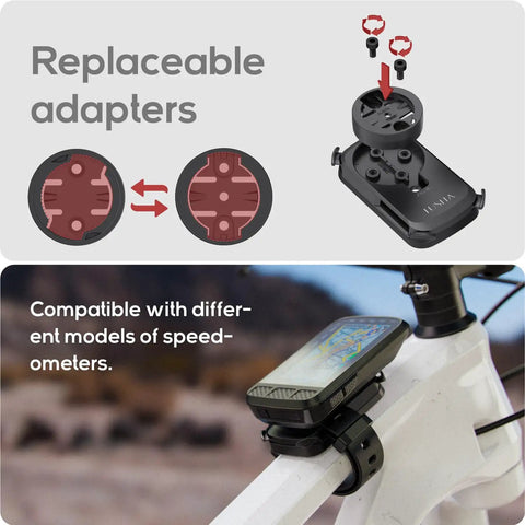 Top Tube MTB Mount For Mountain Bikes with removable adapters and mounted bike computer, compatible with Garmin Edge and Wahoo ELEMNT.