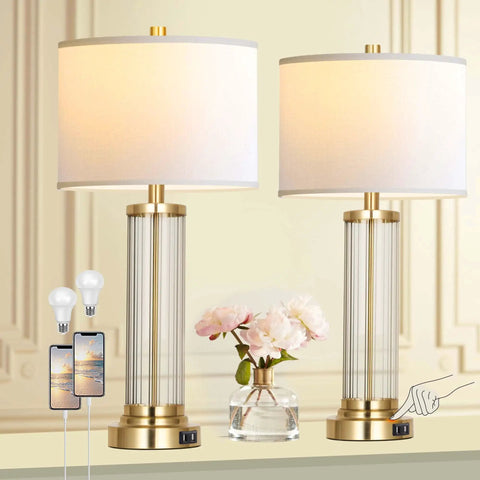 Touch Control Table Lamp Set Of 2 With USB Ports, 3 Way Dimmable Nightstand Lamps In Cream Fabric Shade Modern Bedside