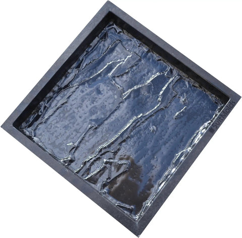 Flagstone Concrete Mold DIY Set 5 Pc Durable Pro Grade Paver Molds For Garden Pathway And Patio Stone Walkway Casting Cobblestone Paving Kit Reusable ABS Plastic Weatherproof Heavy Duty Construction S72 featuring close-up of one black ABS mold, textured surface visible.