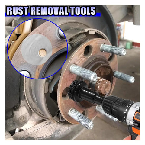 Kickass Heavy Duty Wheel Hub Cleaner Kit With Five Tough Scrub Brushes For Brake Dust And Lug Stud Degreasing, drill adapter in action.
