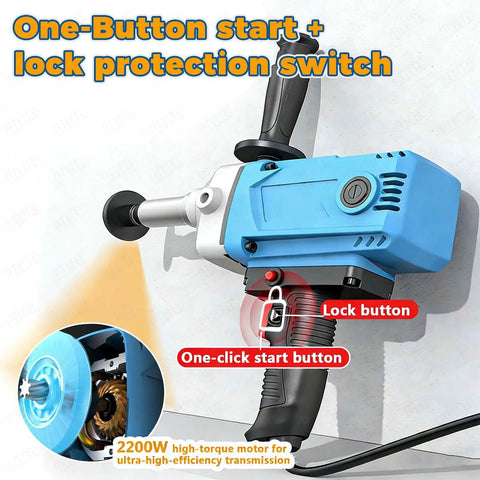 2200W high-torque motor tool with lock protection switch and one-button start, shown in blue and black design