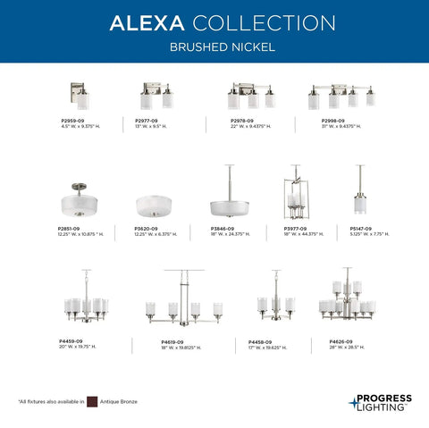 Alexa Collection lighting fixtures catalog in brushed nickel, including chandeliers and flush mounts by Progress Lighting.