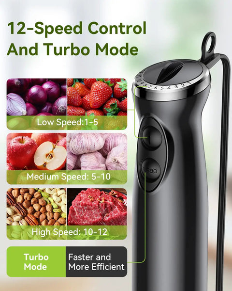 Powerful 1000W Handheld Immersion Blender 5 In 1 Stick Mixer With 12-Speed Control and Turbo Boost shown with speed settings