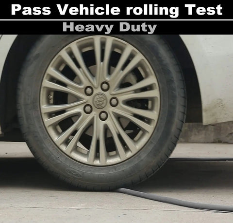 Car wheel rolling over Hybrid Air Hose 1/2 Inch Inside Diameter By 50 Feet Long With 3/8 Inch MNPT Solid Brass Fittings, 300 PSI
