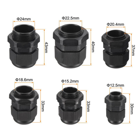 50 Pcs Adjustable Cable Gland Kit PG7 PG9 PG11 PG13.5 PG16 PG19 Waterproof Conduit Fittings Set black sizes labeled
