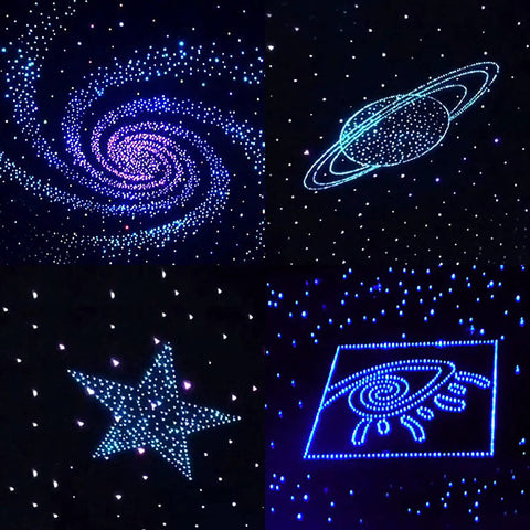 Starry ceiling with galaxy, planet, and star designs using 0.75mm Diameter PMMA Fiber Optic Cable Roll End Glow, 328ft Long For LED Star Ceiling Lights