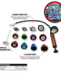 Hassle Free Cooling System Pressure Testing Kit With Extra Tough Hand Pump And Twelve Adapters for blown head gasket leaks and block cracks.