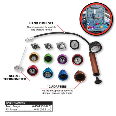 Hassle Free Cooling System Pressure Testing Kit With Extra Tough Hand Pump And Twelve Adapters for blown head gasket leaks and block cracks.