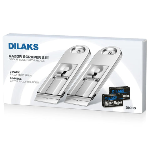 Heavy Duty Razor Scraper Set With All Metal Construction, 2 Pack Includes 20 Extra Blades, packaging with scrapers displayed
