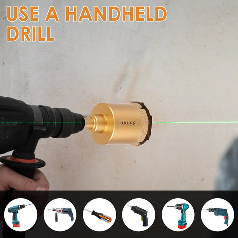 Hefty 12 Piece Diamond Hole Saw Kit With Full Drill Bit Set Designed For Smoothly Drilling Ceramic Tile Glass And Brick Tough core bits in action on wall.