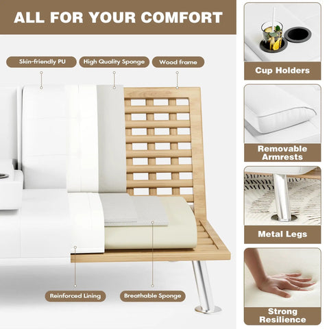 Leather Look Futon Sofa Bed With Removable Armrests, Comfy Adjustable Recliner Sleeper, Dual Cup Holders And Chrome Legs, White Modern Couch Features