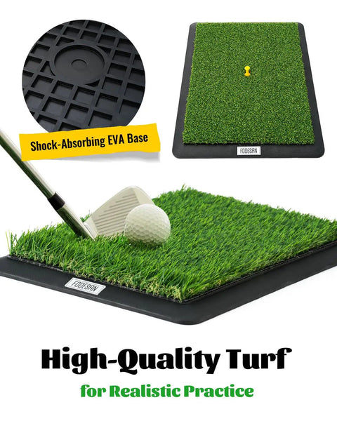 Three In One Golf Hitting Mat For Simulators Nets And Home Practice With Dual Turf And Strike Feedback Pad Built For Your Garage Or Backyard Winter Indoor Training And A Dope Gift For Golfers And Dads, showing mat with club and ball, shock-absorbing EVA base.