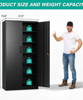 Lockable 71 Inch Metal Storage Cabinet With 2 Doors And 6 Adjustable Shelves shown open beside man for scale