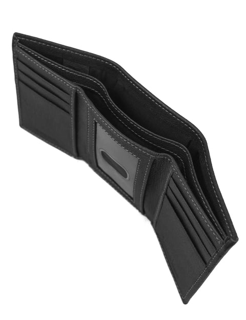 Genuine Leather RFID Blocking Trifold Wallet With Six Card Slots Clear ID Window Double Bill Fold And Strong RFID Protection