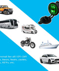 Waterproof Dual Usb Cigarette Lighter Adapter With Lid, 2.1A Fast Charge Dual Port Outlet For 12V 24V Car Boat RV ATV Truck US shown with vehicles.