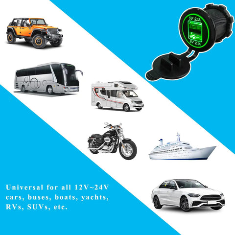 Waterproof Dual Usb Cigarette Lighter Adapter With Lid, 2.1A Fast Charge Dual Port Outlet For 12V 24V Car Boat RV ATV Truck US shown with vehicles.