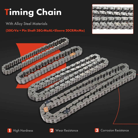Engine Timing Chain Kit With Tensioner And Guide For Mopar V6 3.2L And 3.6L with alloy chains on black background