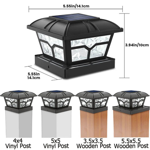 Solar Post Cap Lights Outdoor For 4x4 5x5 6x6 Wooden And Vinyl Posts, RGB Color Changing And Warm White, diagram of fit
