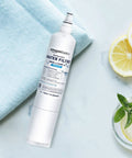 LG LT600P Refrigerator Water Filter Replacement for advanced filtration on a light blue towel next to sliced lemons and mint.