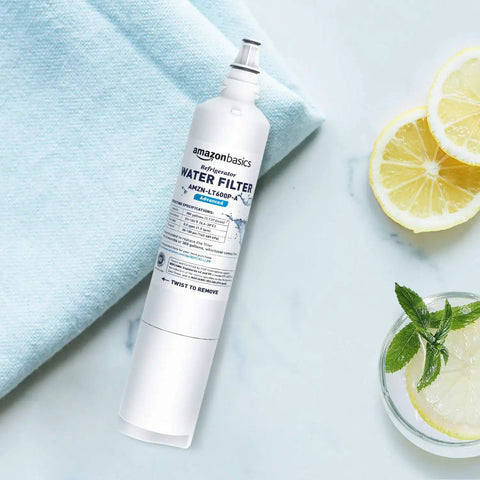 LG LT600P Refrigerator Water Filter Replacement for advanced filtration on a light blue towel next to sliced lemons and mint.