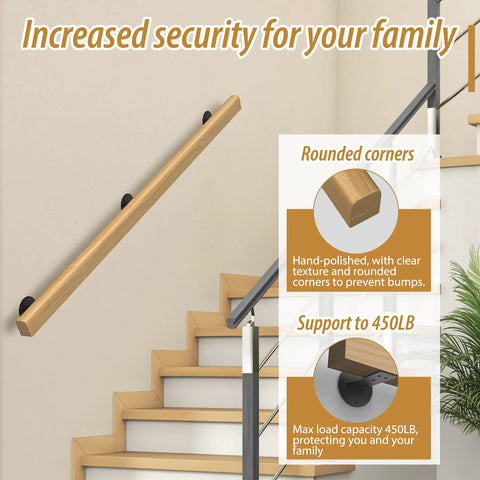 10 Foot Solid Wooden Stair Handrail Built Like A Tank For Indoor Outdoor Wall Mount Safety Grab Rail Featuring A Super Grippy Finish Zero Hassle Install On Any Deck Or Porch on stairs with round corners.
