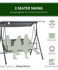 Illustration of three-person outdoor porch swing with stand and tilt canopy, showing uses for patio, backyard, garden.