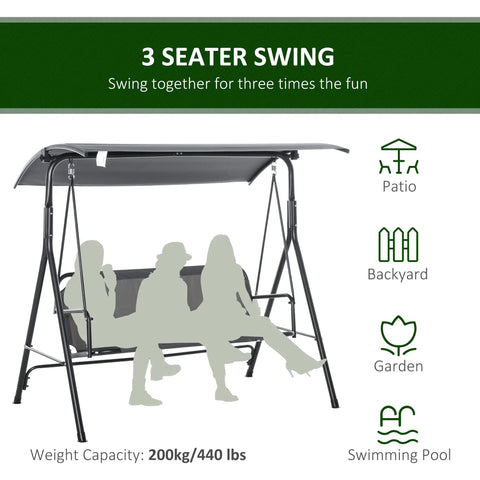 Illustration of three-person outdoor porch swing with stand and tilt canopy, showing uses for patio, backyard, garden.