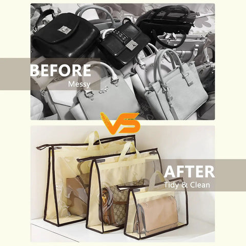 Comparison of purse clutter vs organized bags using Clear Purse Storage Bags 8 Pack Hanging Zipper Organizers For Handbags And Purses 4 Size Set Closet Organization See Through Bags For Quick Bag Finds Everyday.