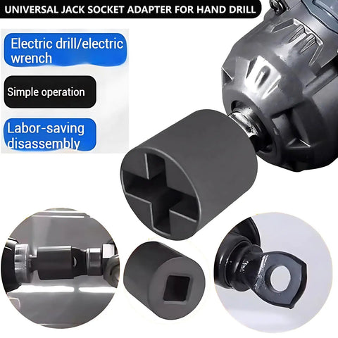 Jack Socket Adapter For Hand Drill And Scissor Jack Drill Adapter For Cars With Half Inch Socket Adapter Bit displayed with attachments