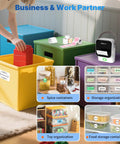 Portable Bluetooth Thermal Label Printer With Included Tape Inkless Sticker Maker For Home Organization And Small Business slaps labels on colorful storage bins.