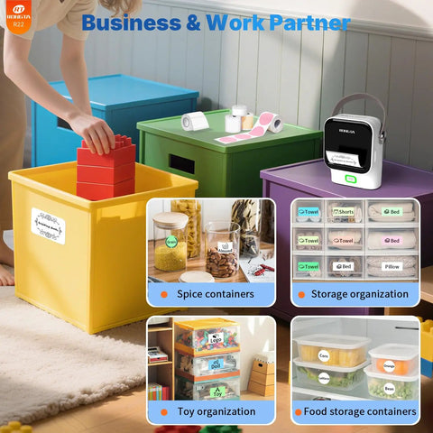 Portable Bluetooth Thermal Label Printer With Included Tape Inkless Sticker Maker For Home Organization And Small Business slaps labels on colorful storage bins.