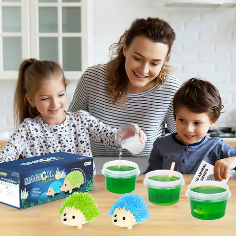 Children with adult using Crystal Growing Kit For Kids, Two Color Hedgehog Crystals Grow In 24 Hours, STEM activity on table
