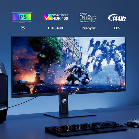 Front view of UltraWide 40 Inch Gaming Monitor With 3440x1440 WQHD, 144Hz Refresh, displayed on a desk with gaming setup.