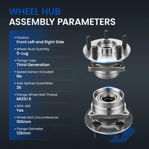 Front Wheel Bearing And Hub Assembly For Toyota Prius 2004 Through 2009 L4 1.5L Electric And Gas, 5 Lug, Two Piece Set, Direct Fit Replacement with specifications.
