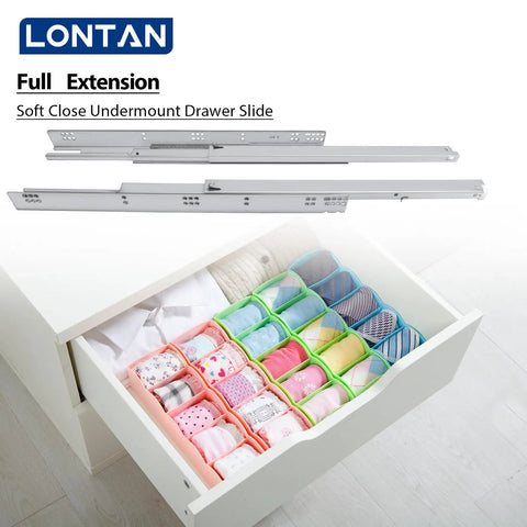 Heavy Duty Undermount Drawer Slides 21 Inch Soft Close Cabinet Runners with Silent Hydraulic Damping shown in organized drawer.