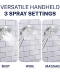 Solid Metal 3 Spray Handheld Shower Head With Long Hose And Holder Chrome Finish showing mist, wide, and massage sprays