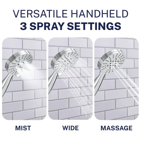 Solid Metal 3 Spray Handheld Shower Head With Long Hose And Holder Chrome Finish showing mist, wide, and massage sprays