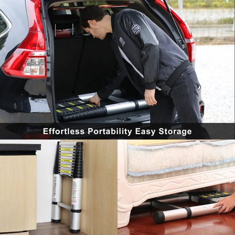 8.5 Ft Aluminum Telescoping Ladder With Traceless Tube Design, Spring Loaded Locking, 330 Lb Capacity stored in car trunk