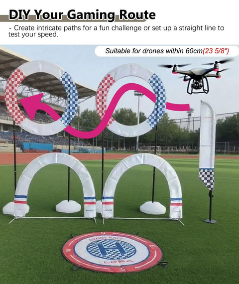 FPV Drone Racing Gate Set With Practice Track, Air Rings, Arch Obstacles, Banner Flags, and Landing Pad on a sports field