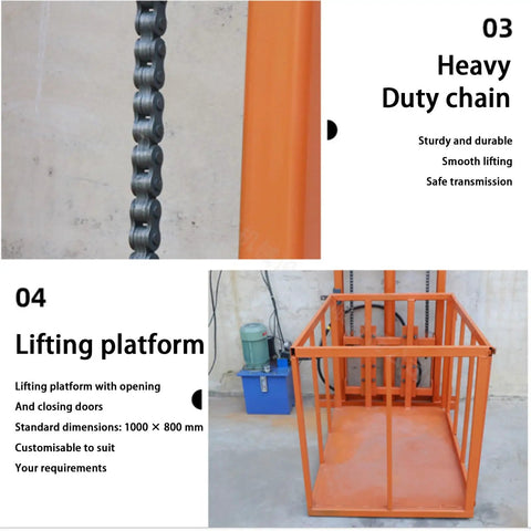 Smooth Operator Electric Lifting Platform And Wall Mounted Freight Elevator With Wireless Remote showing heavy duty chain and lifting platform.