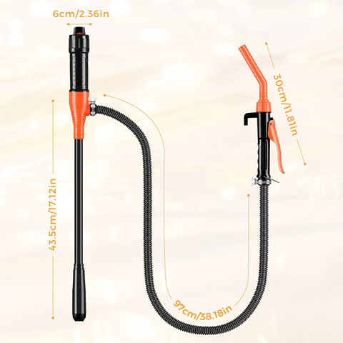 3GPM portable fluid transfer siphon pump with orange-red handle and black flexible hose