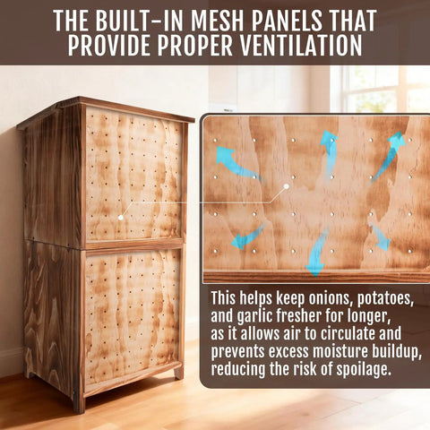 Side view of Two In One Wooden Potato And Onion Storage Bin With Lid And Mesh Doors Stackable Bread And Vegetable Cabinet