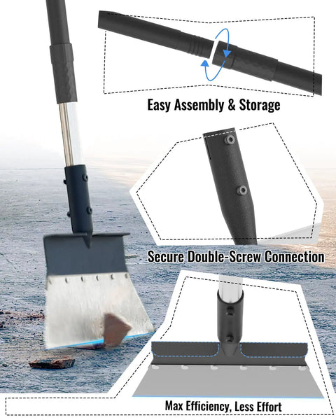 Heavy Duty Garden Flat Shovel With 60 Inch Adjustable Long Handle demonstrating assembly and secure connection features.